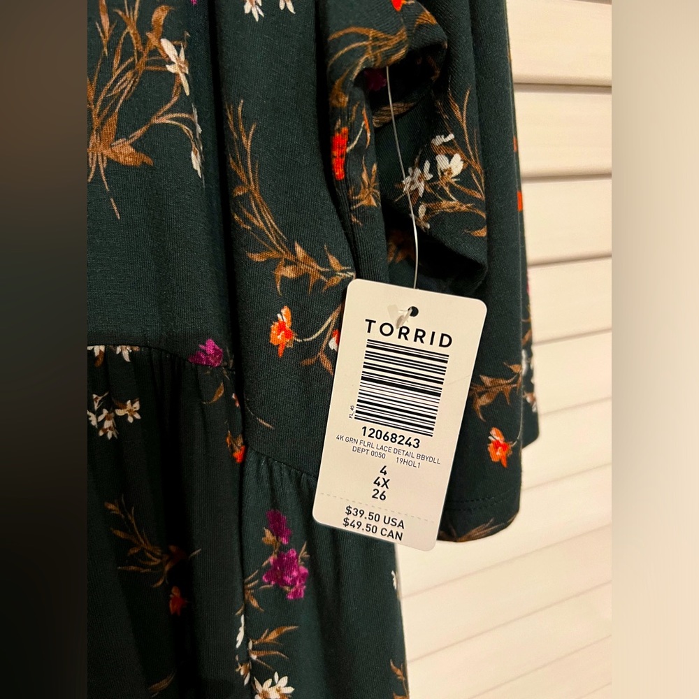 New Torrid 4X Babydoll Lace Back Dark Green Floral Blouse NWT